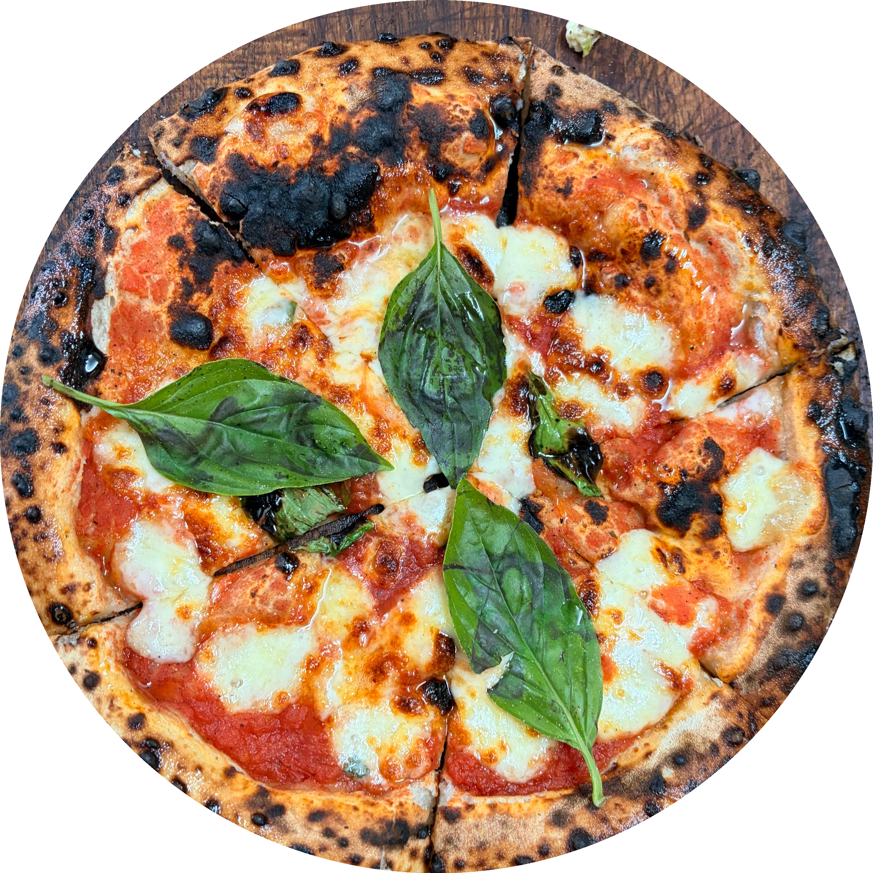 Authentic Neapolitan Margherita pizza — wood-fired at 500°C with leopard char crust, fresh basil and San Marzano tomatoes